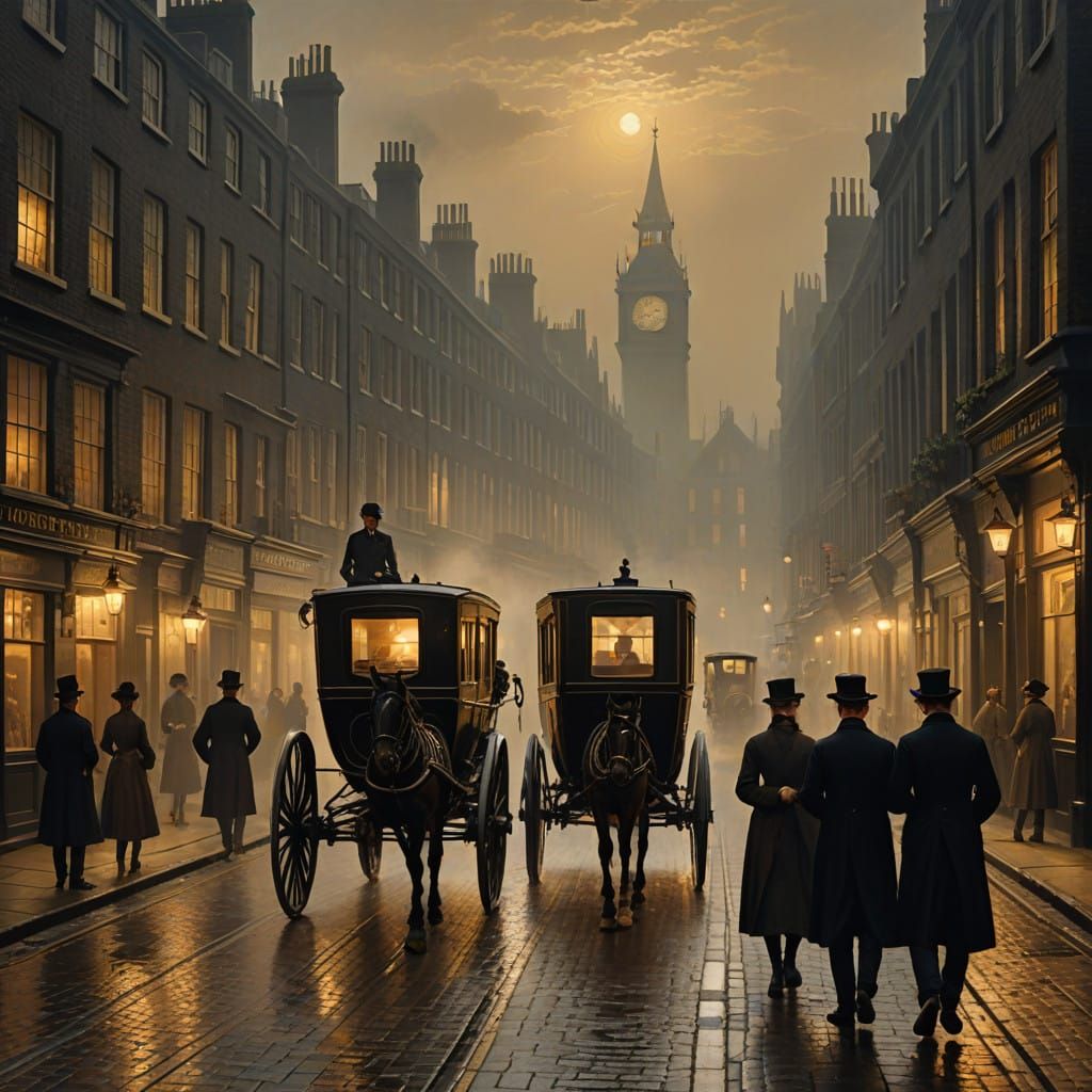 Golden Light on a Foggy Victorian Street Scene