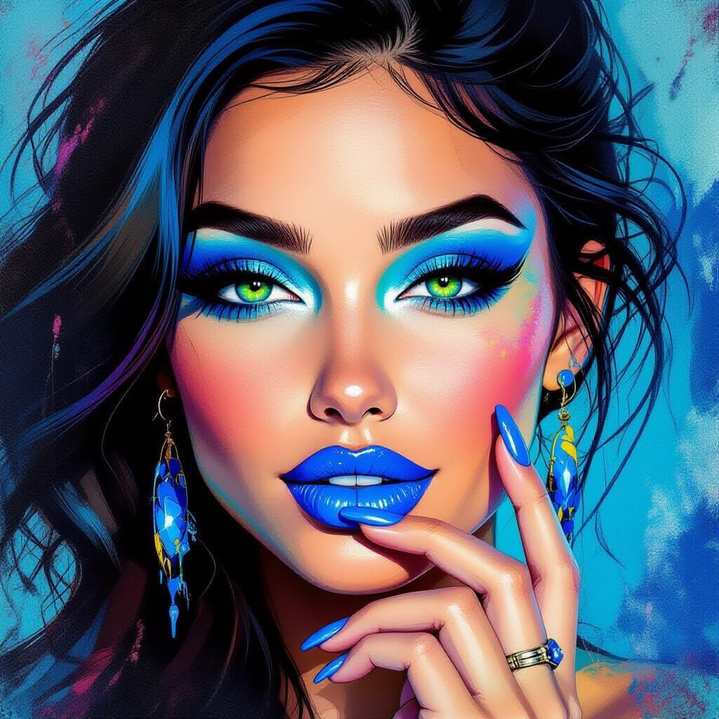 Vibrant Woman with Blue Makeup in Graffiti Style