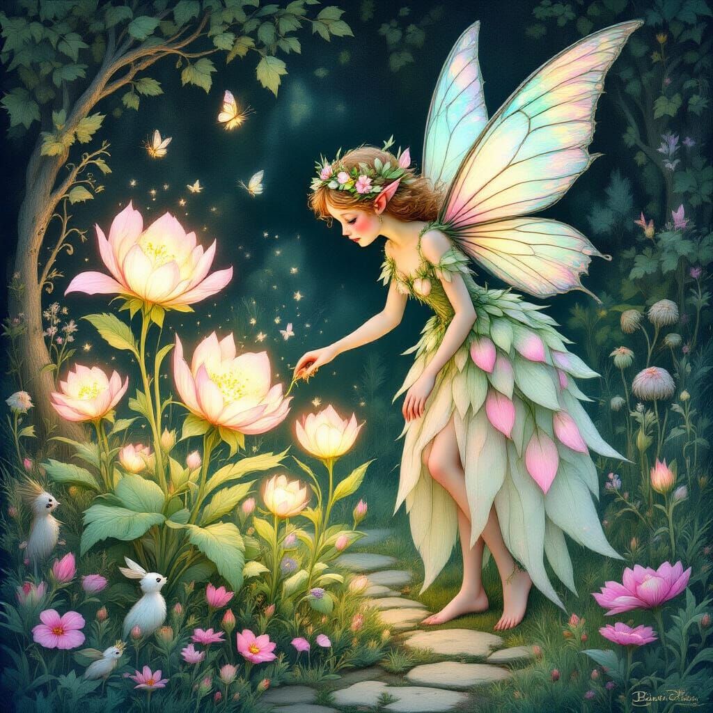 Enchanting Fairy Garden Scene in Rackham Style