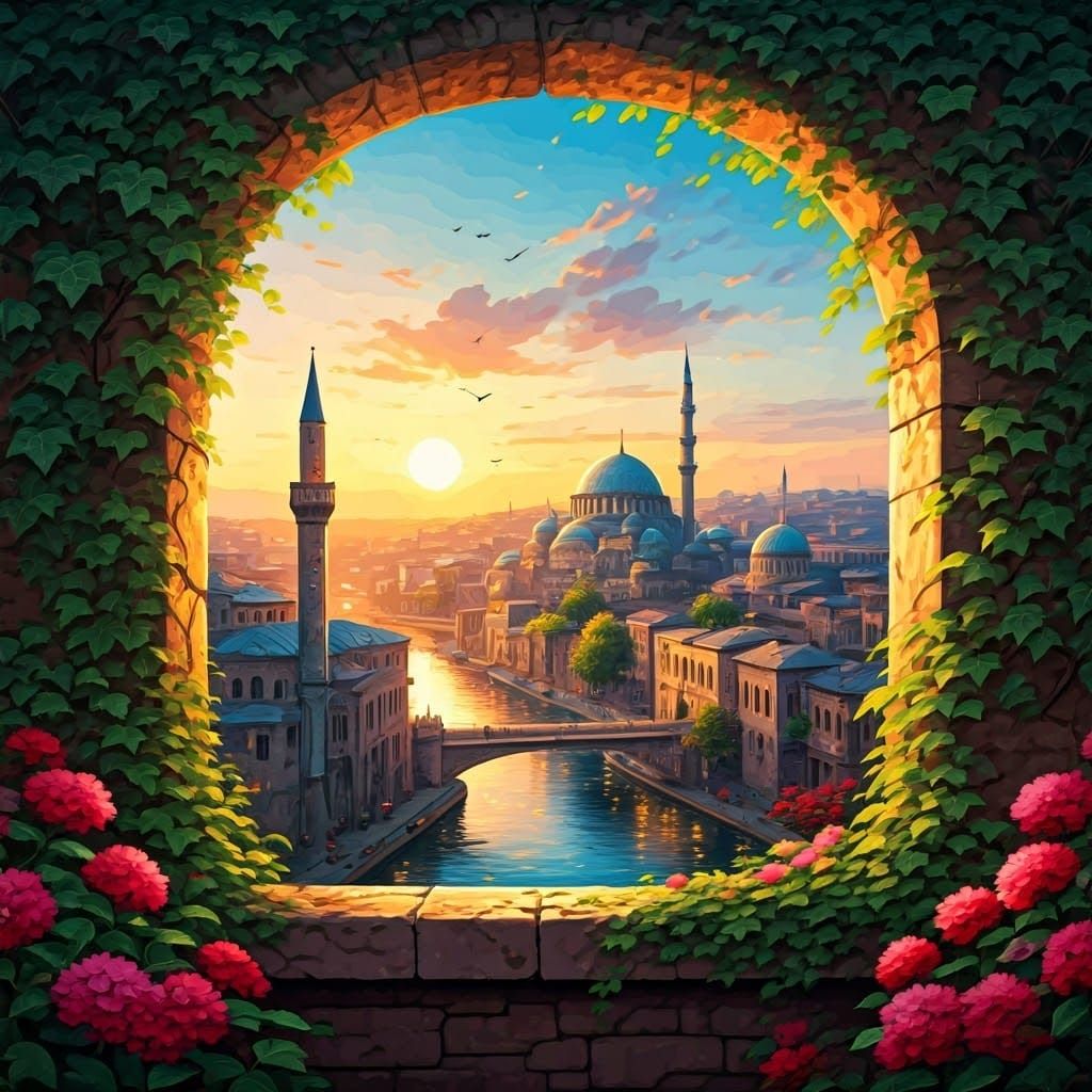 Historic Cityscape Sunset Through Stone Window