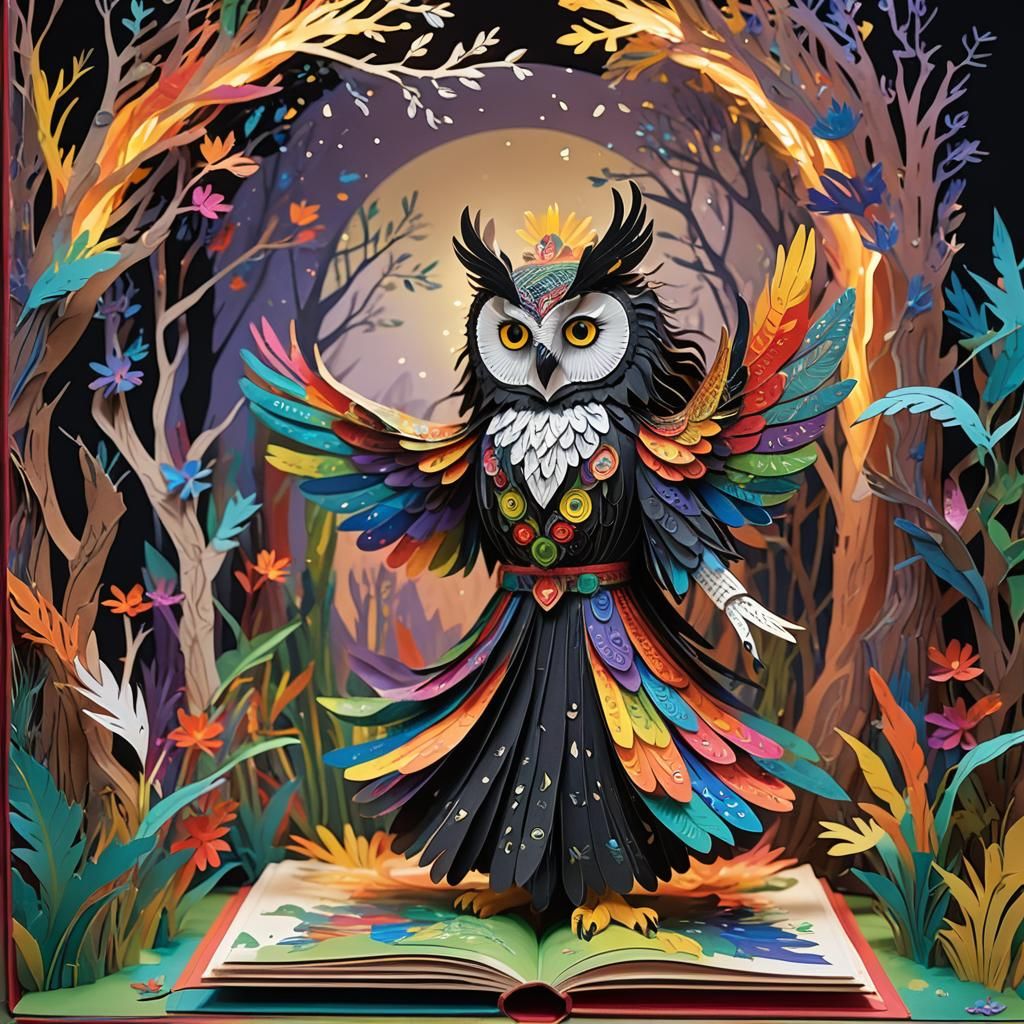 Mystical Pop-Up Book Scene with Rainbow Owl