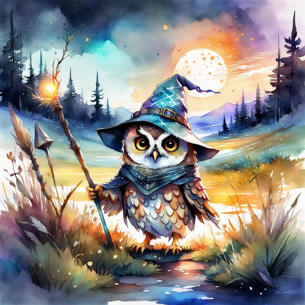 Chibi Owl Wizard in Night Meadow, Watercolor Art