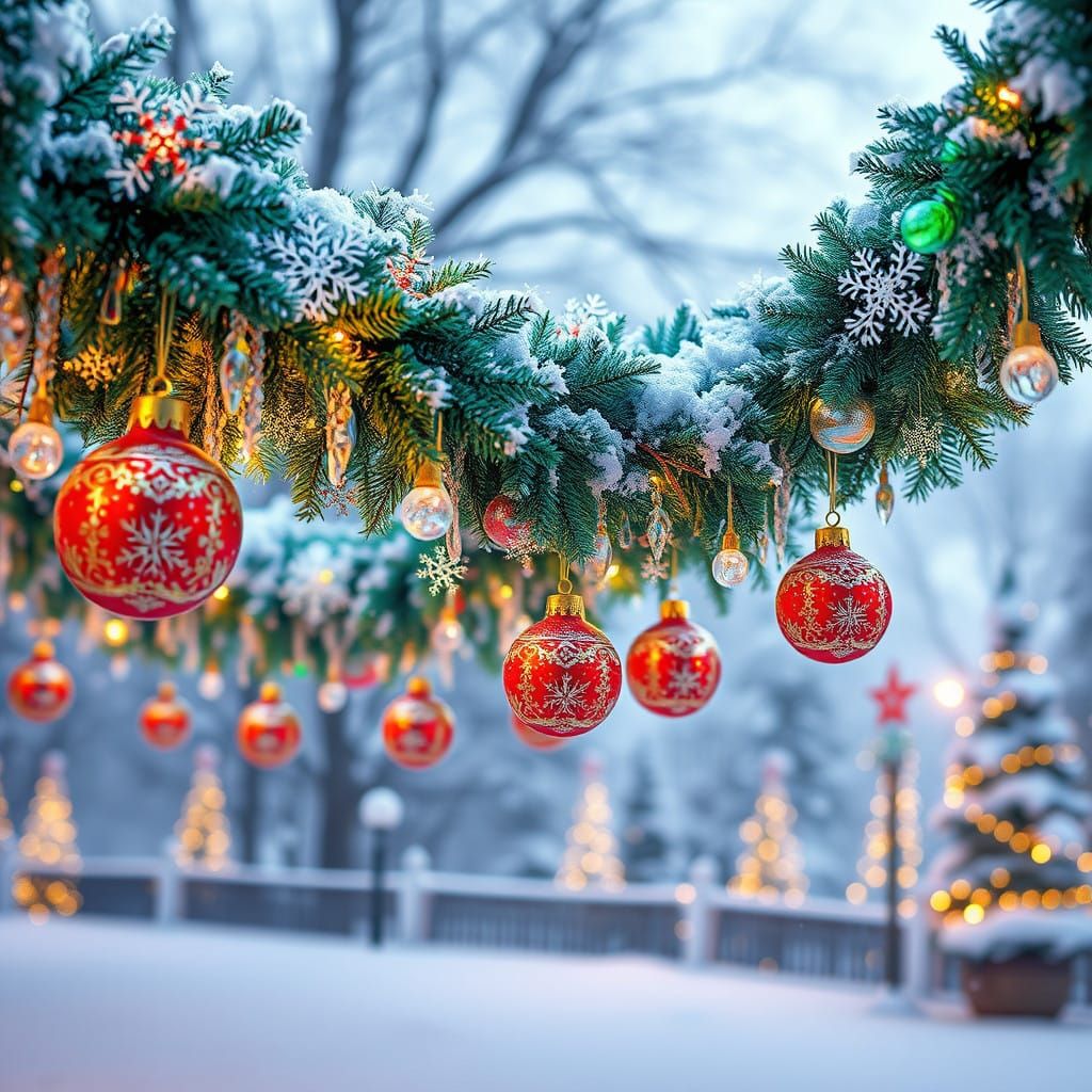 Vibrant Winter Wonderland Garland in Sparkling Snow and Emer...