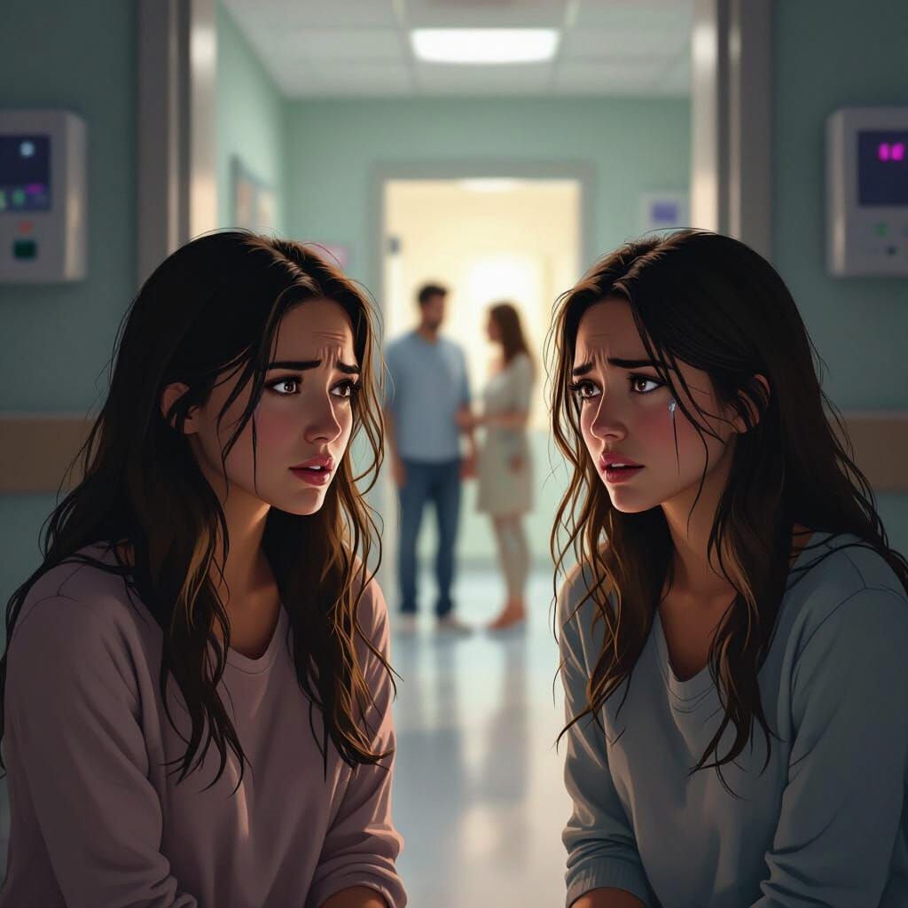 Sisters Mourn in Dimly Lit Hospital Room
