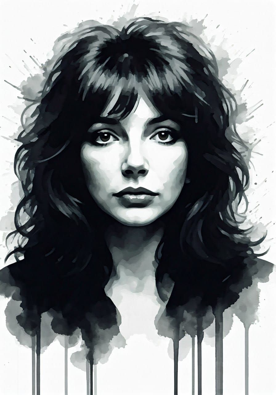 Black and white ink splatter drawing of Kate Bush
