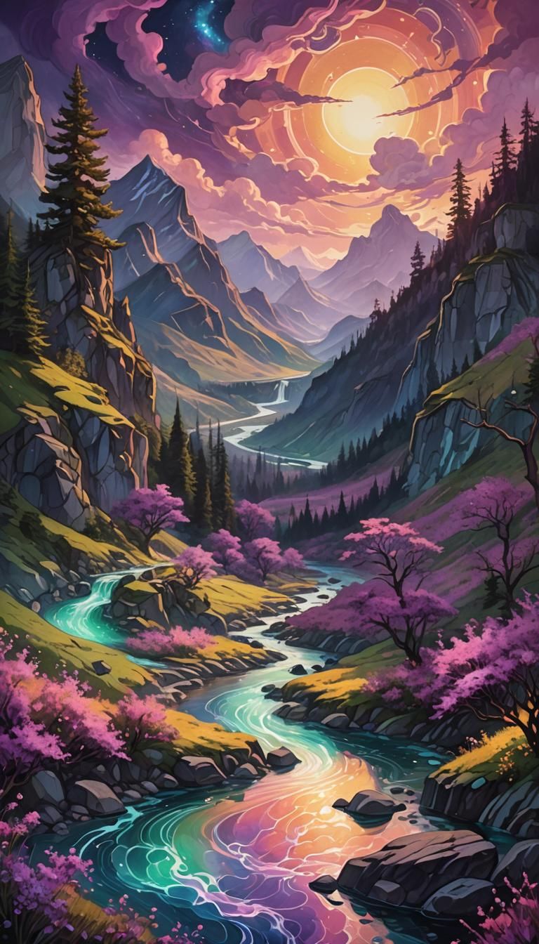 Emerald Valley: Dark Fantasy Landscape in Art Nouveau Style