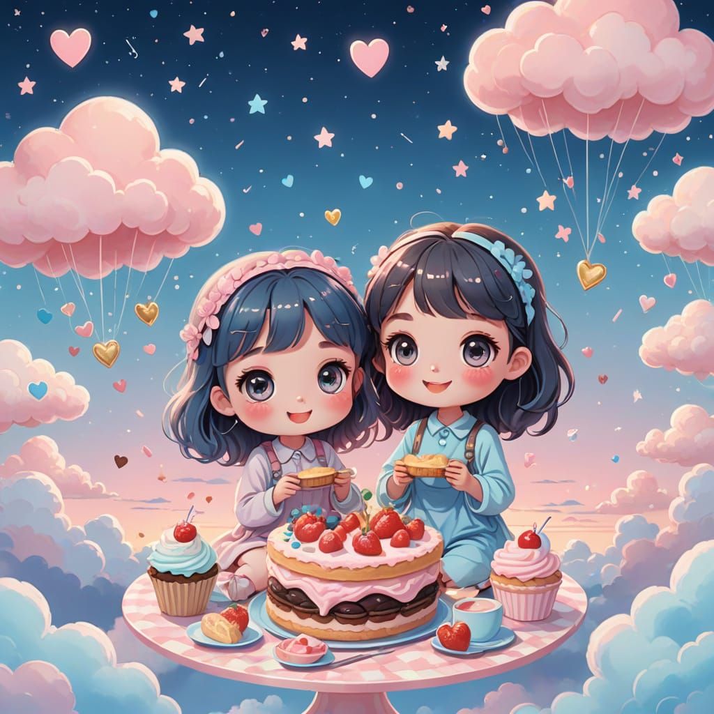 Magical Friends Picnic on Pastel Clouds: Kawaii Illustration