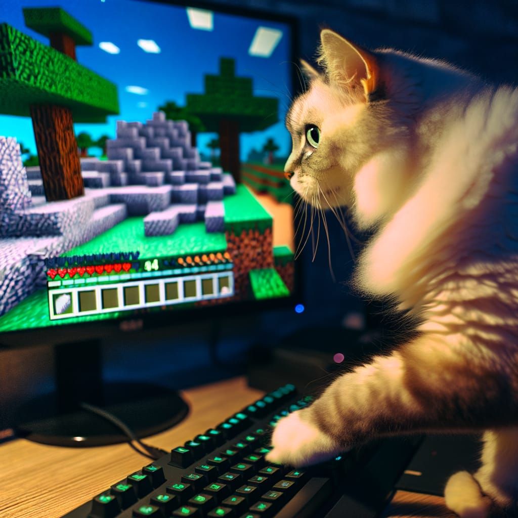Cat Playing a Blocky Sandbox Game on Computer