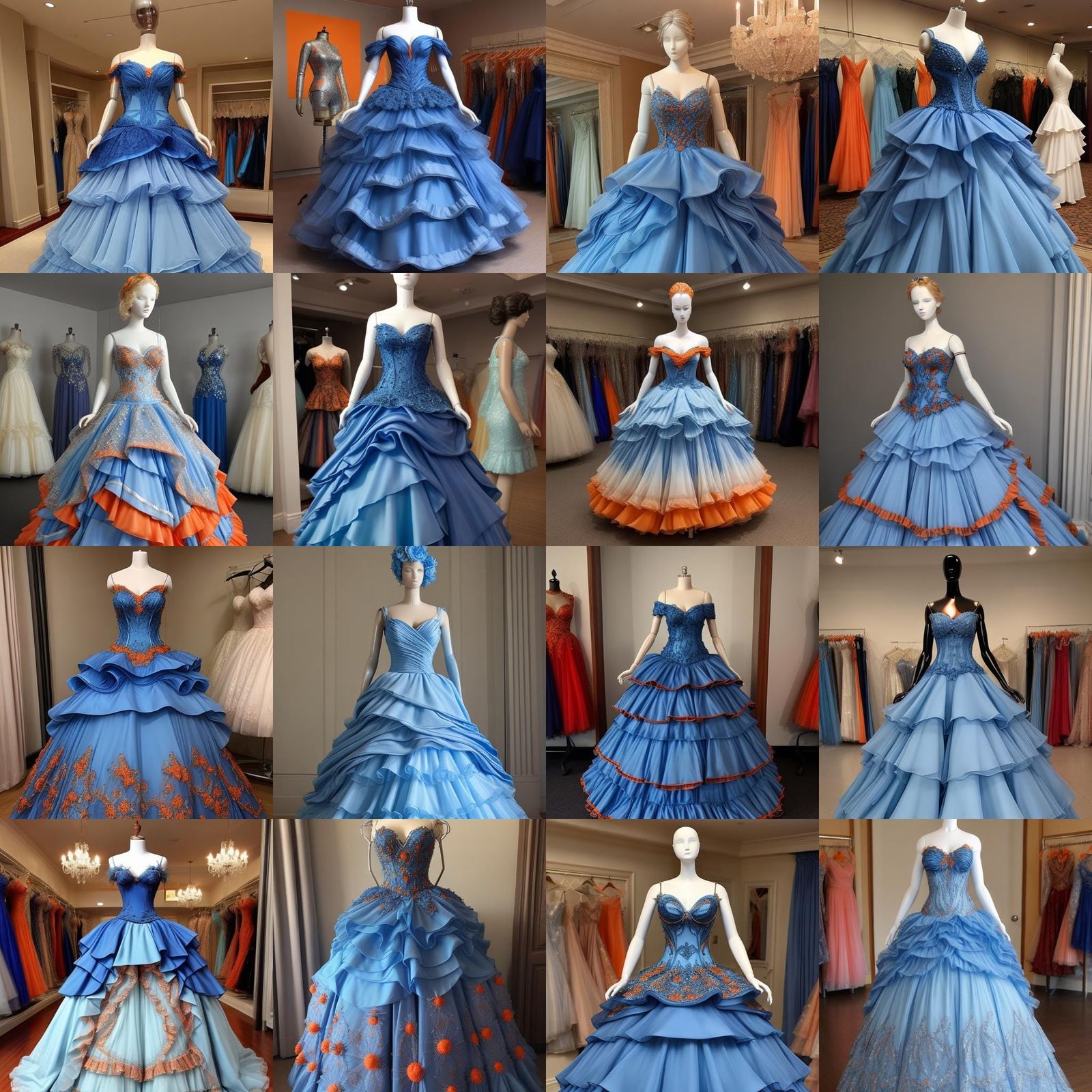 Elegant Blue and Orange Ball Gown on Mannequin