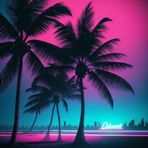 Neon Miami Beach Scene in Neo-Noir Style