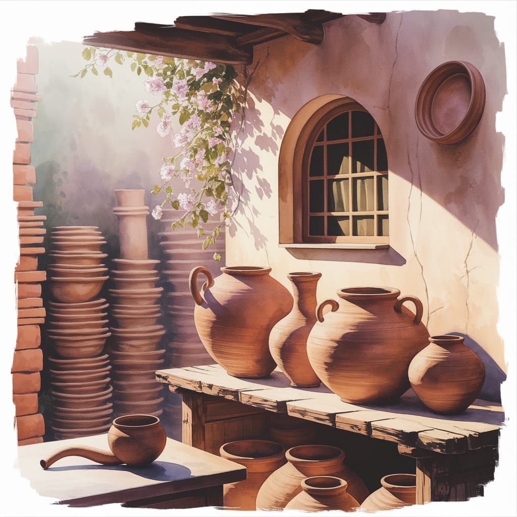 Tranquil Potter's Workshop in Watercolour Style