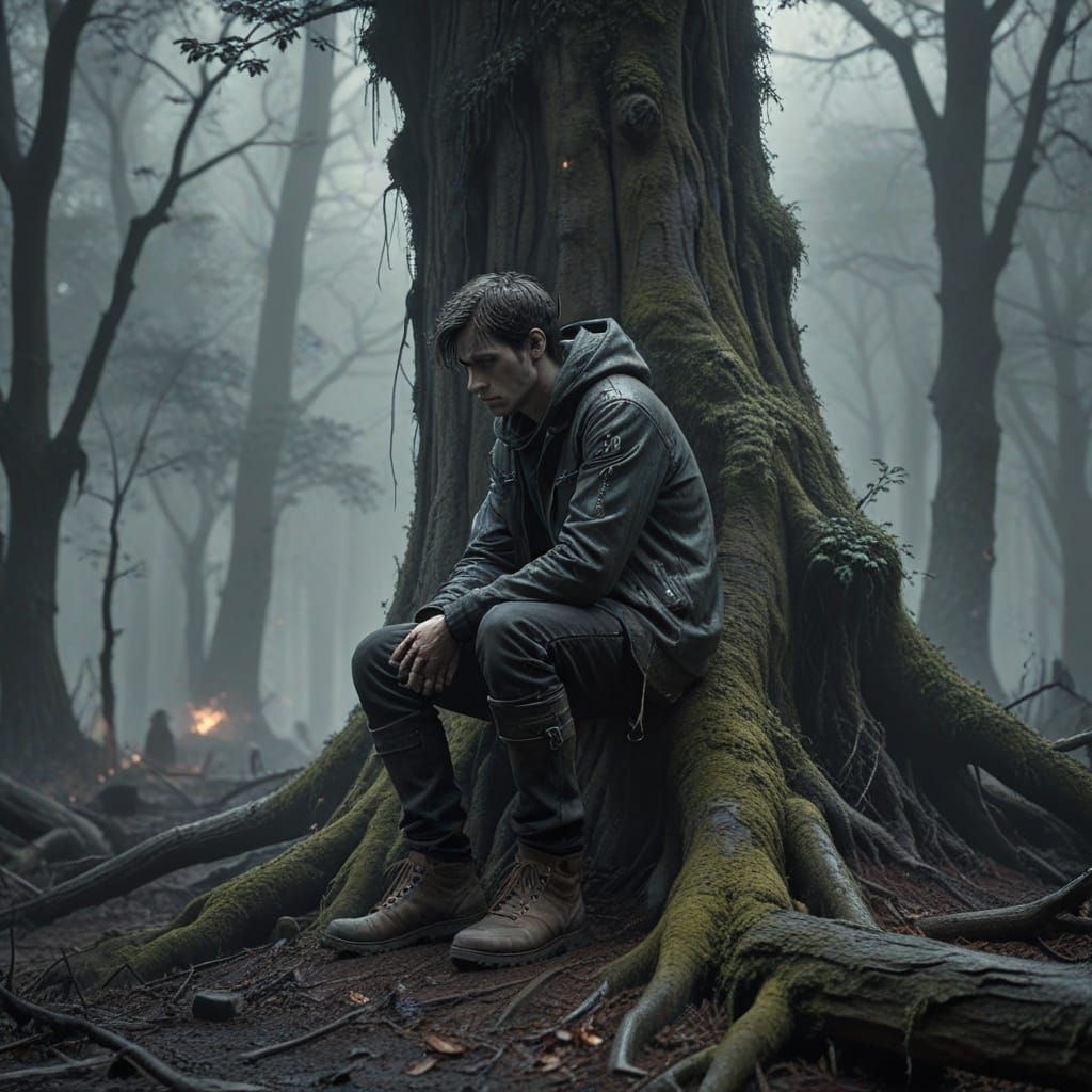 Man in Despair on Tree Trunk in Dystopian Forest