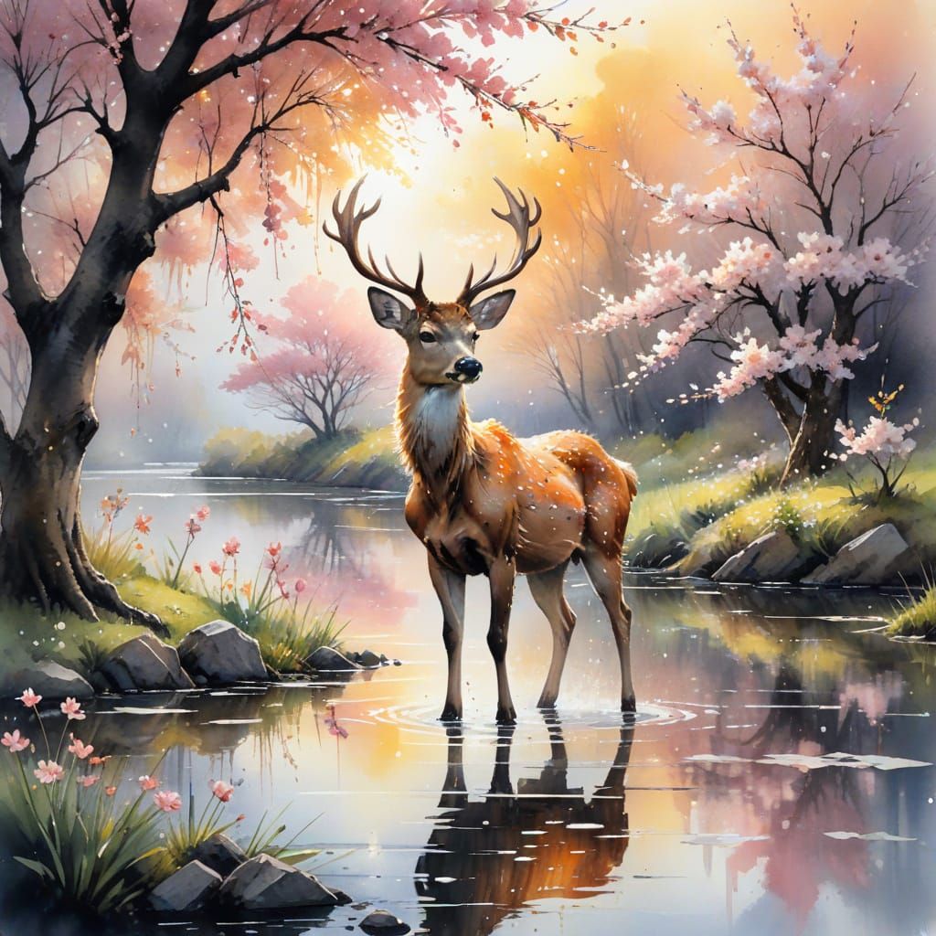 Gentle Deer Under Cherry Blossoms at Golden Sunset