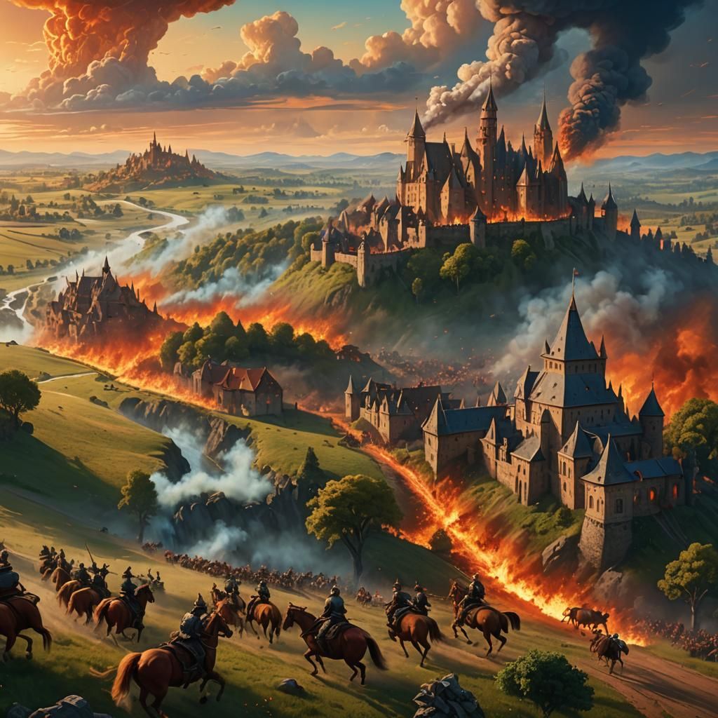 Burning Castle: Cavalry Charge in Fantasy Landscape