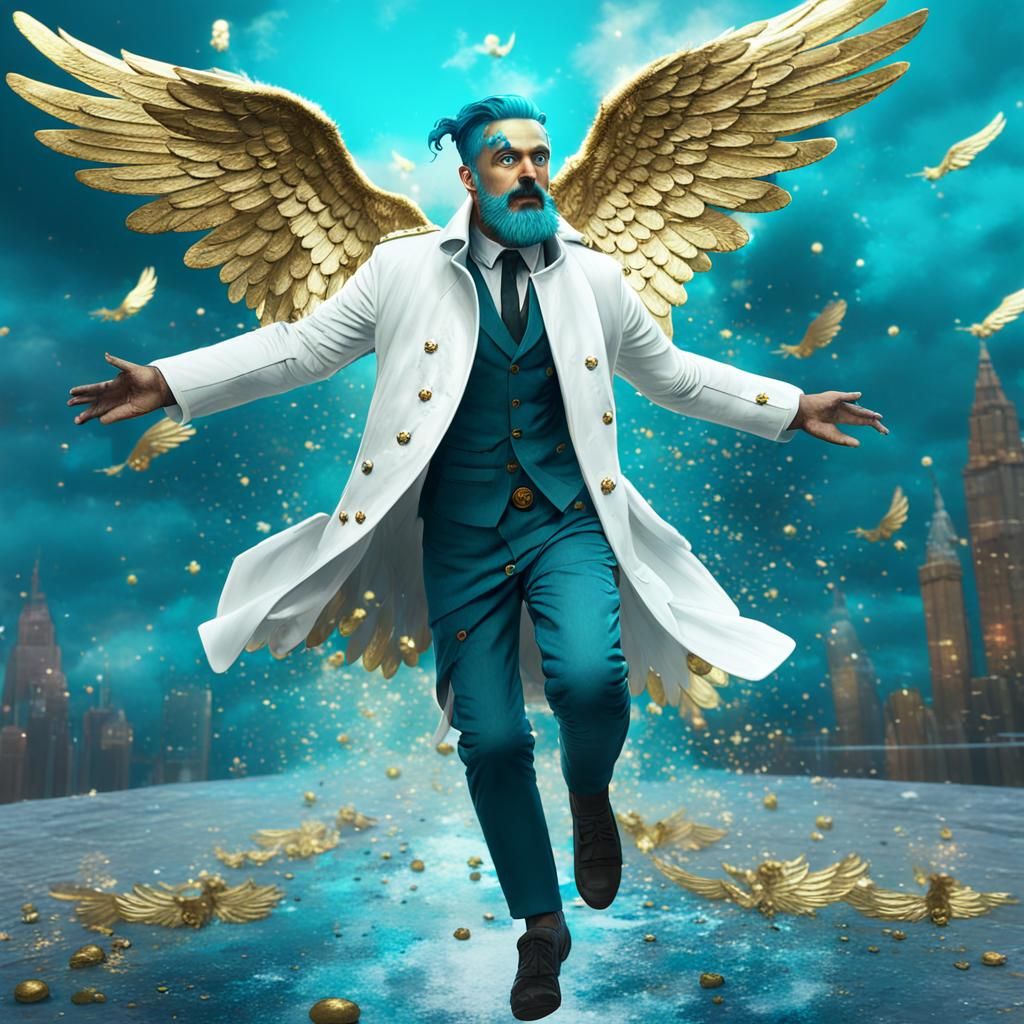 Blue-Haired Hero with Angel Wings Fantasy Art