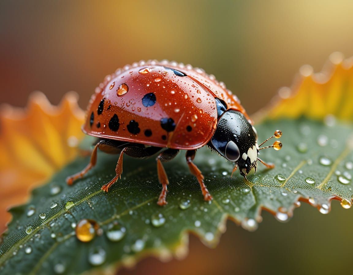 Macro Ladybug on Autumn Leaf with Dewdrops
