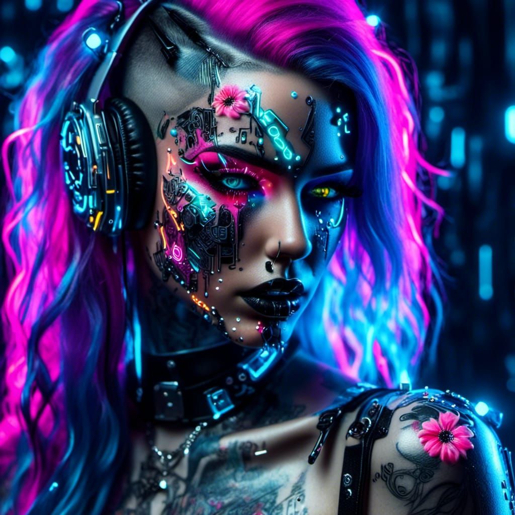 Cyberpunk Man with Neon Tattoos and Shattered Glass