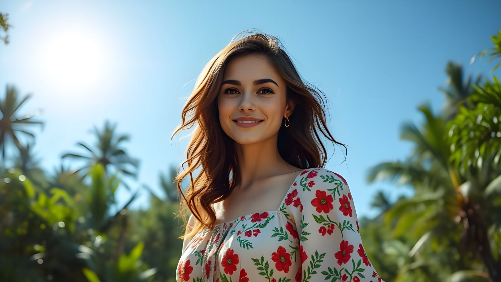Sultry Woman in Traditional Floral Dress, Rainforest Setting