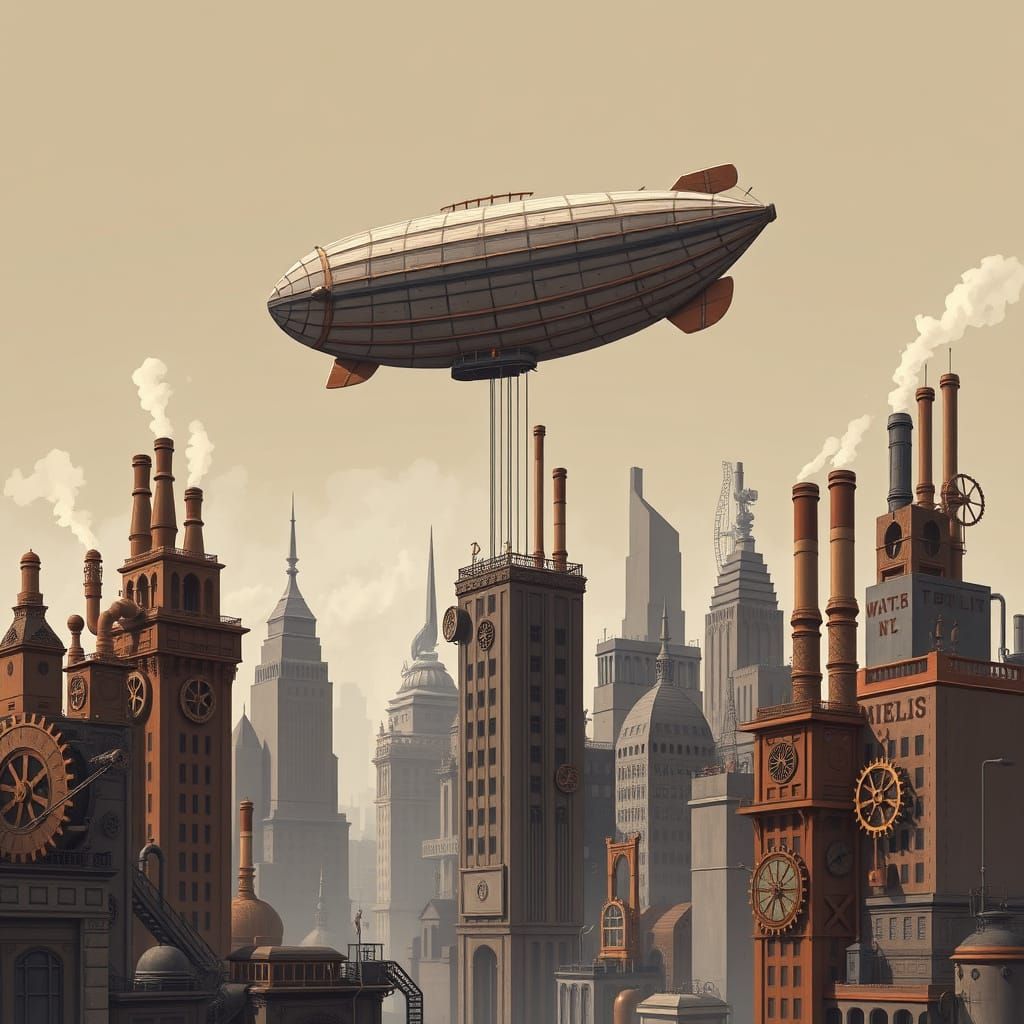 Steampunk Cityscape with Gigantic Airship in Concept Art Sty...