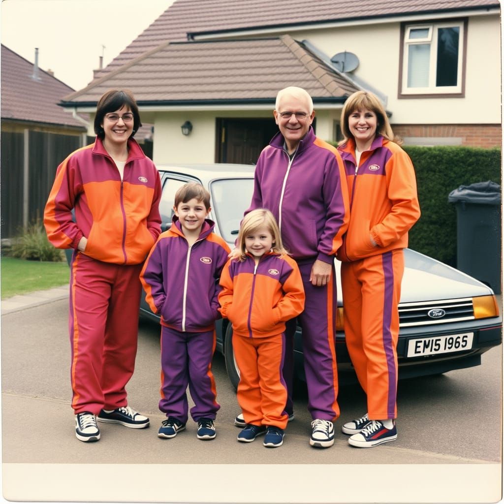 Nostalgic Family Moment in Vibrant 90s Tracksuits