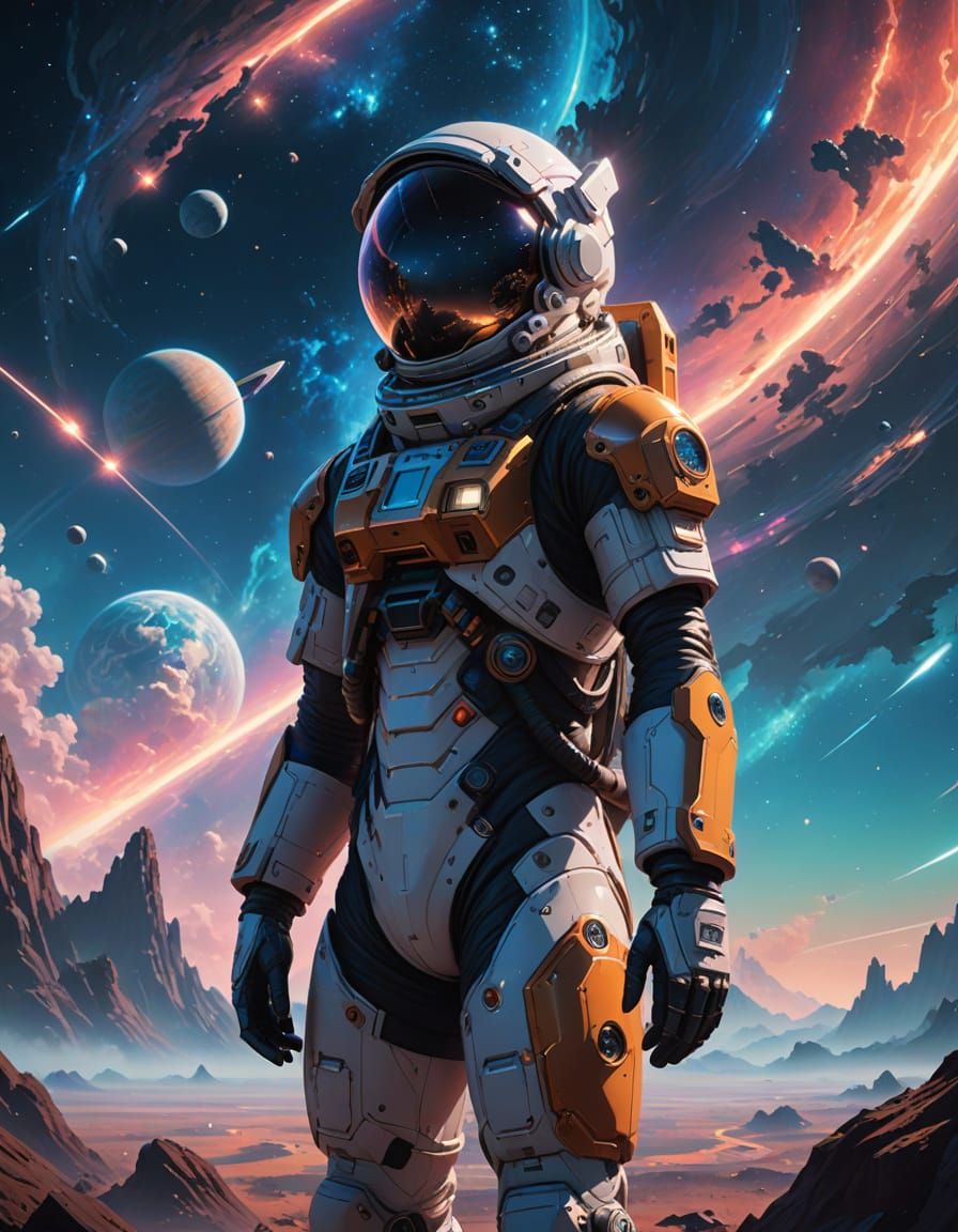 Astronaut and Nebula in Anime Sci-Fi Style