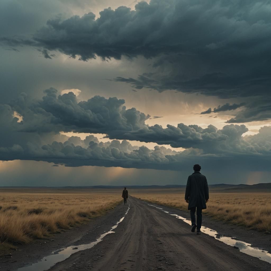 Mysterious Figure in Stormy Landscape: Cinematic Still
