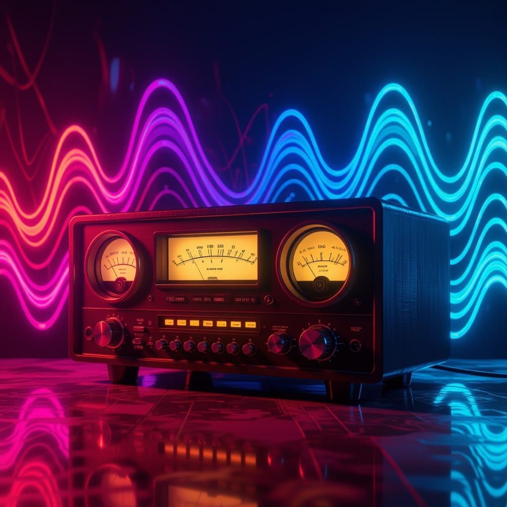 Retro-Futuristic Stereo System with Colorful Sound Waves