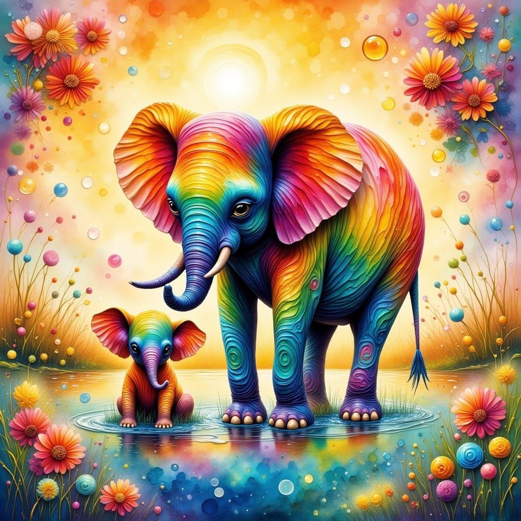 Rainbow Elephant and Cub in Watercolor Style