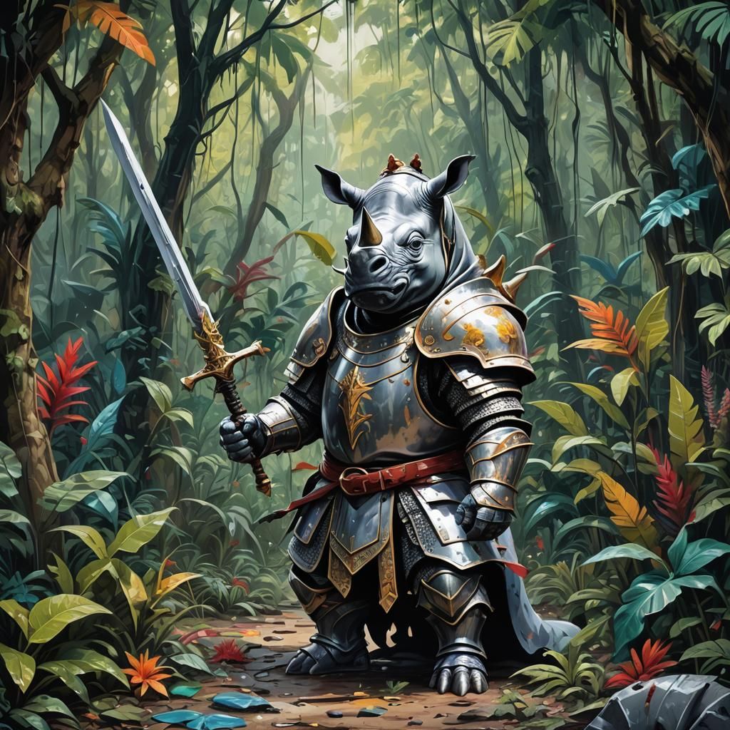 Rhinoceros Knight in Jungle Graffiti Art