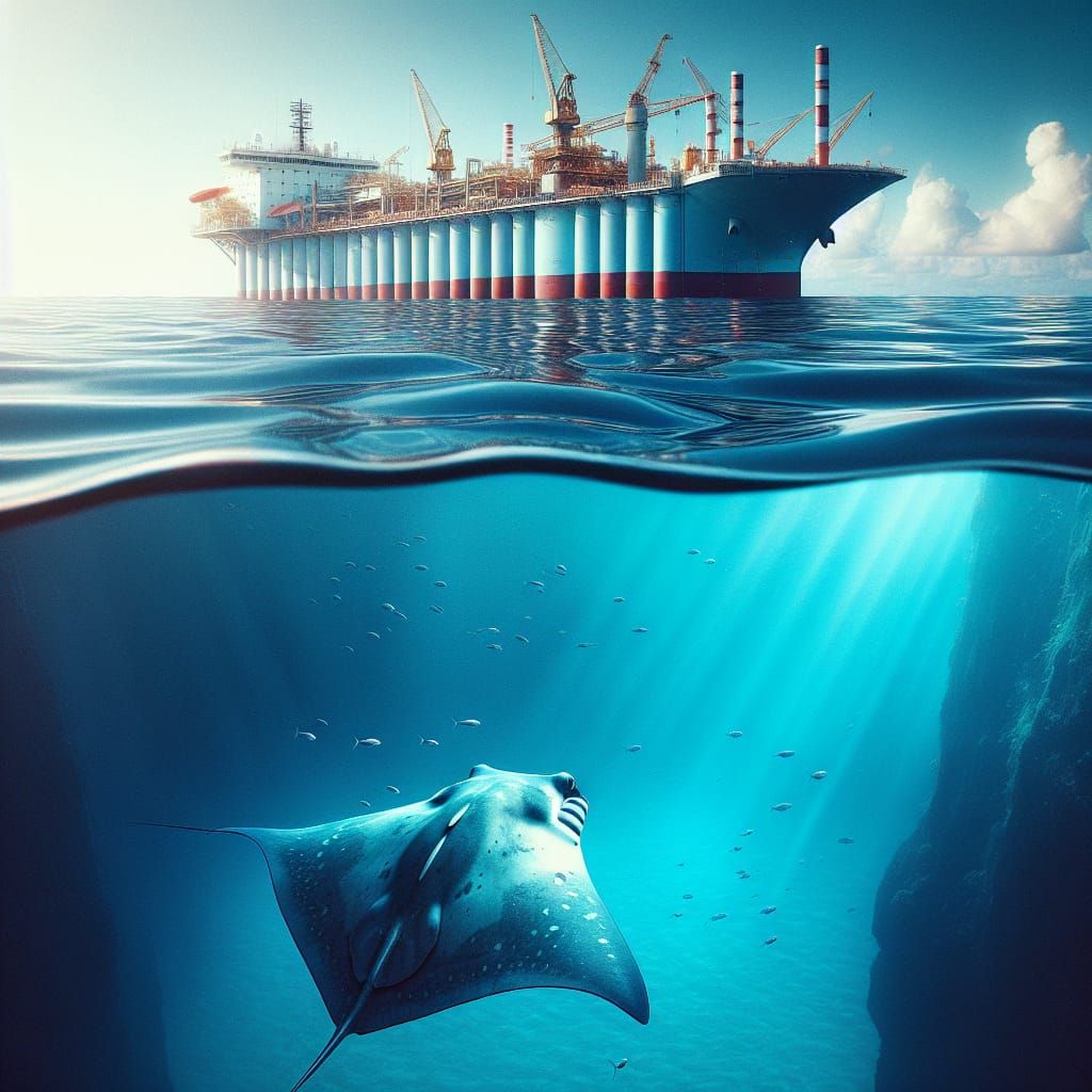 Azure Ocean: FPSO Vessel with Giant Manta Ray