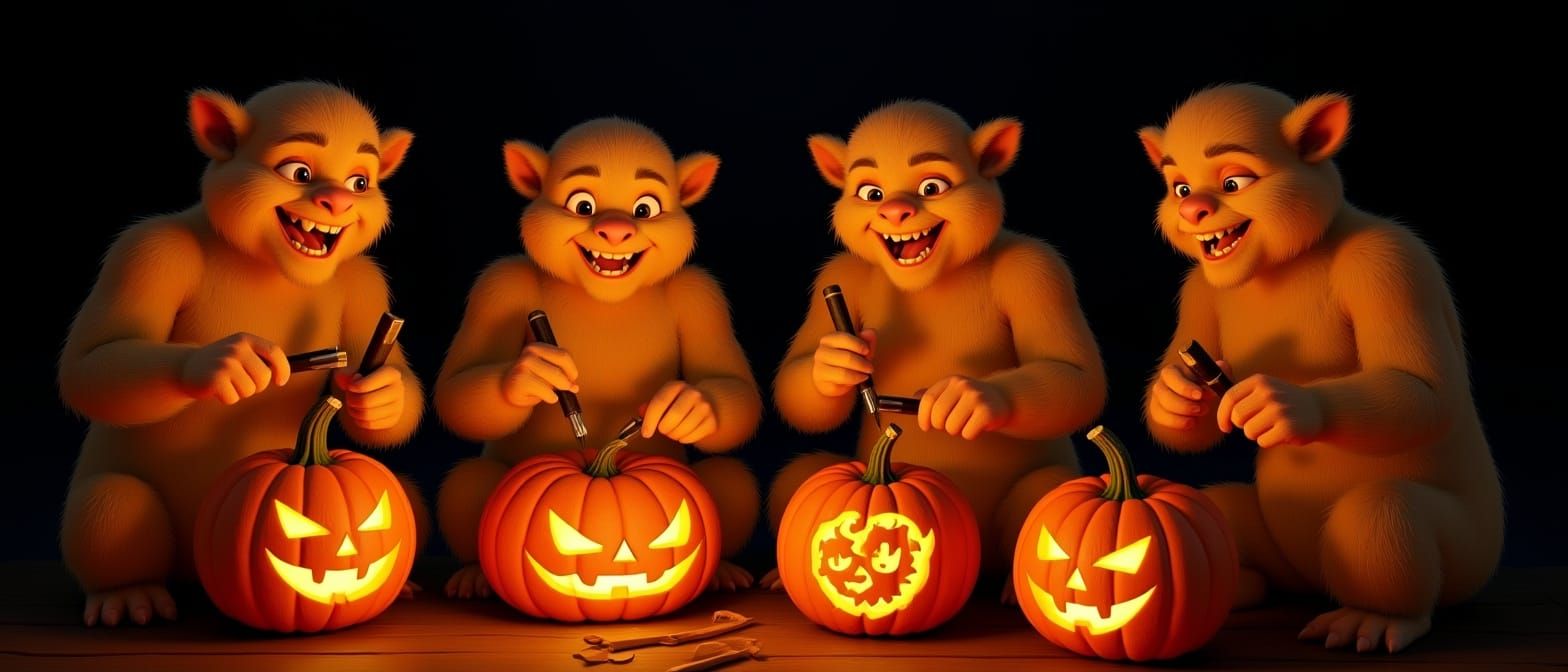 Whimsical Yetis Carving Halloween Pumpkins in Storybook Styl...