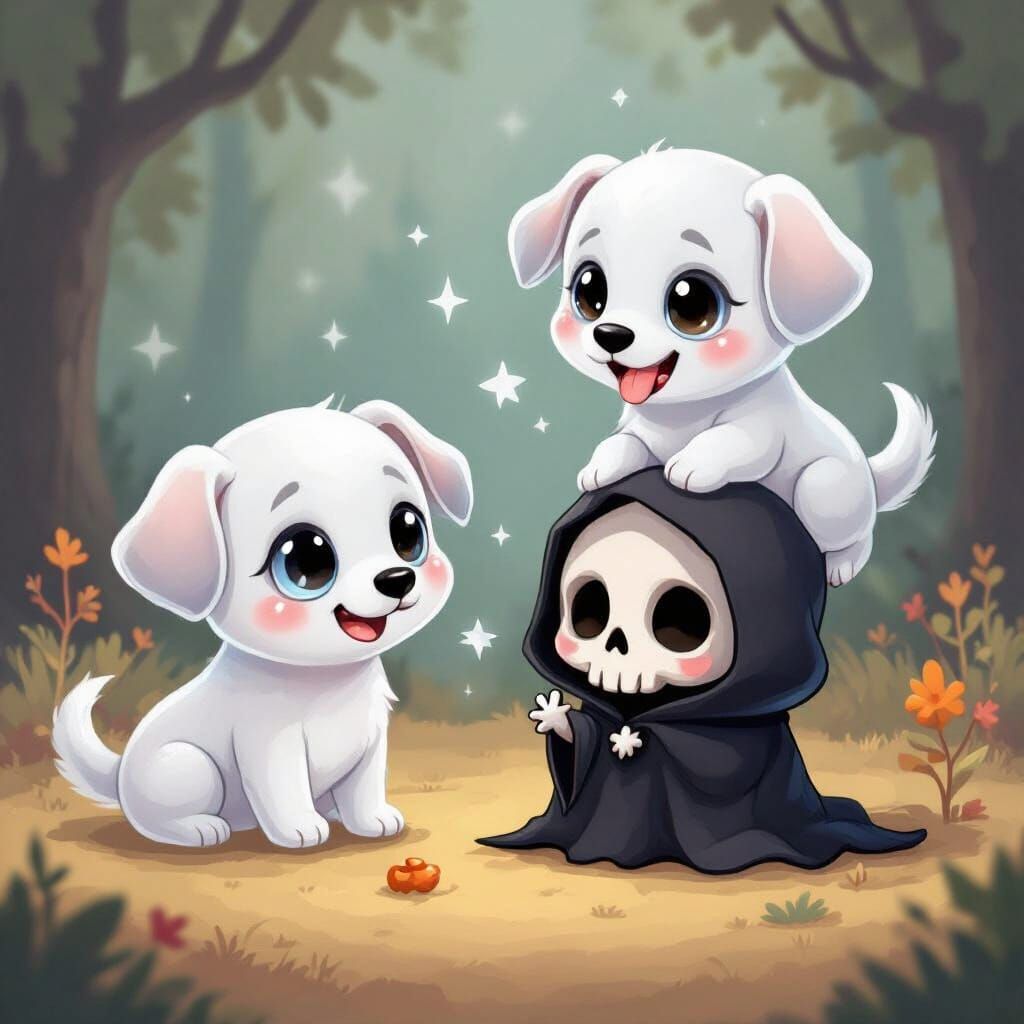 Cute Ghost Puppies Play with Chibi Death
