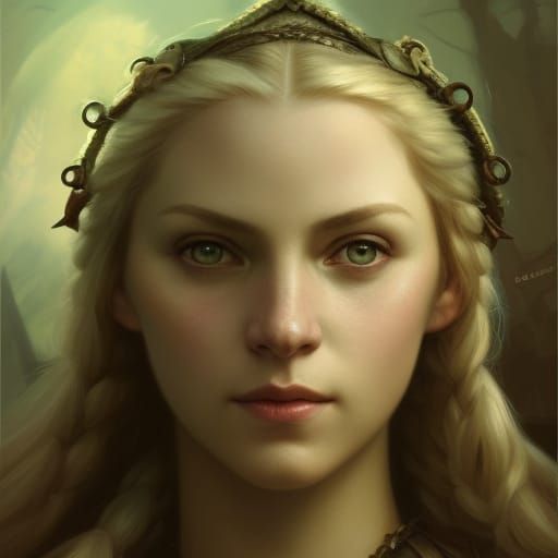 Beautiful woman with pigtails viking queen  big green eyes  ...