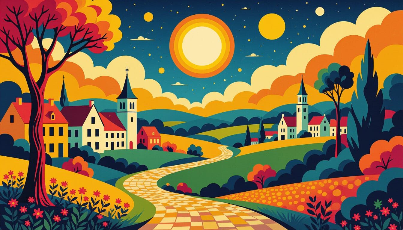 Surreal Belgian Psychedelic Landscape in Ligne Claire Style