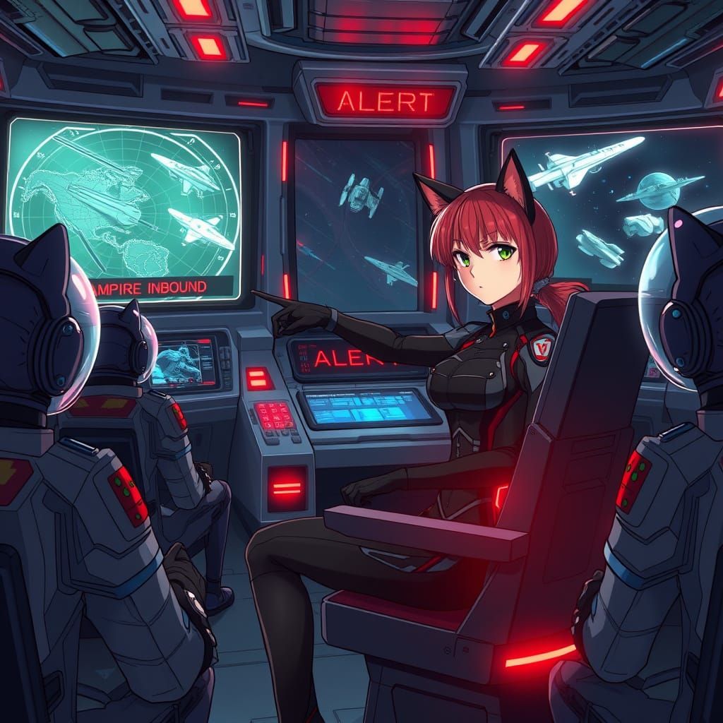 Anime Catgirl Admiral Commands Starship in Space Battle