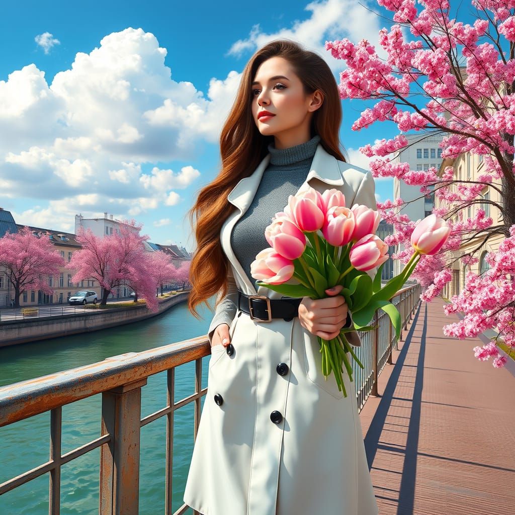 Elegant Woman Surrounded by Spring Florals in a Vibrant Urba...