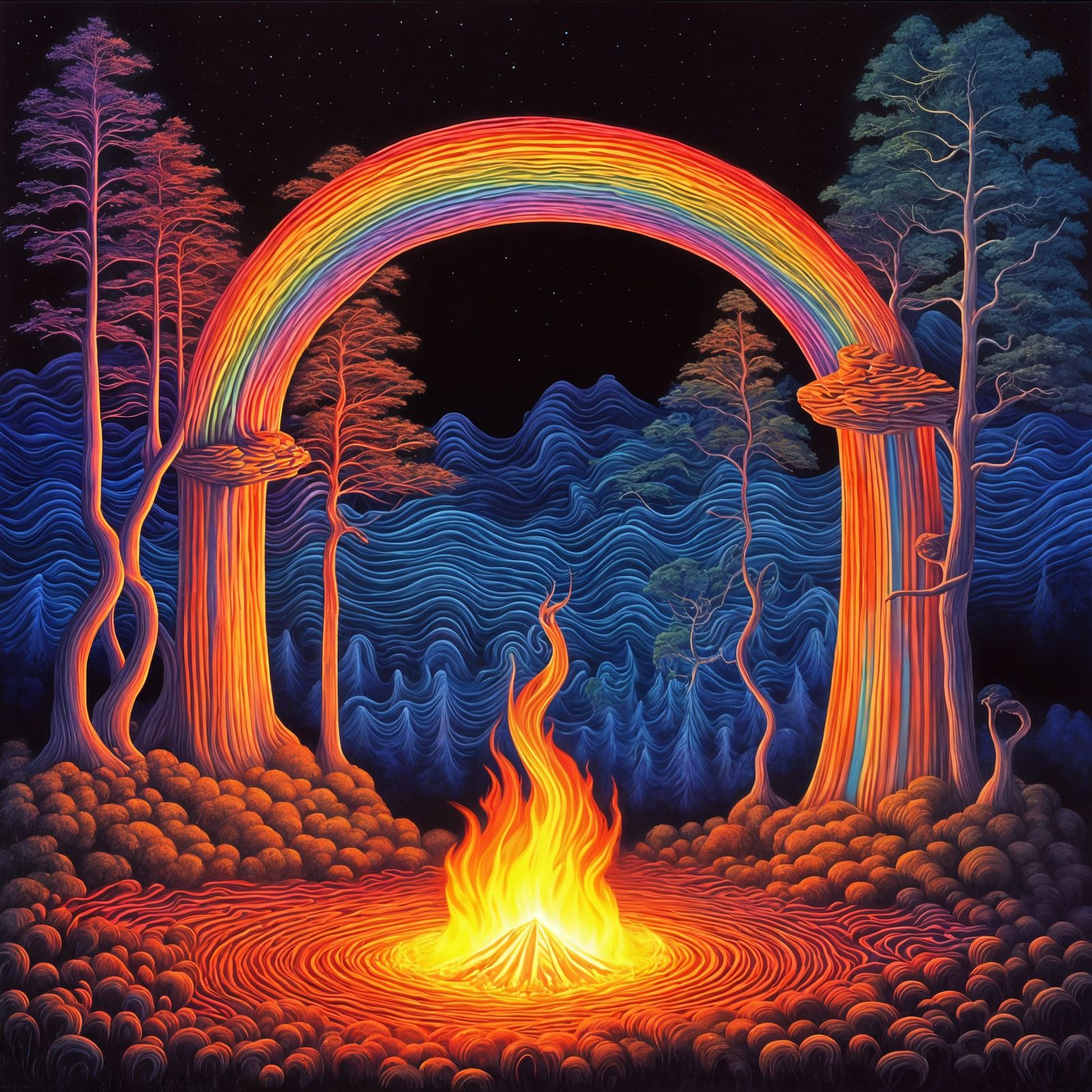 Rainbow Neon Campfire at Night in Surreal Style