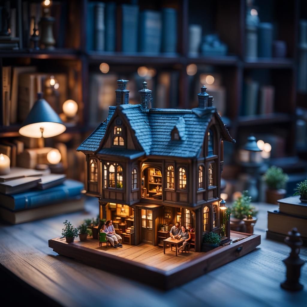 Miniature Apartment Diorama in Library, Detailed Photography