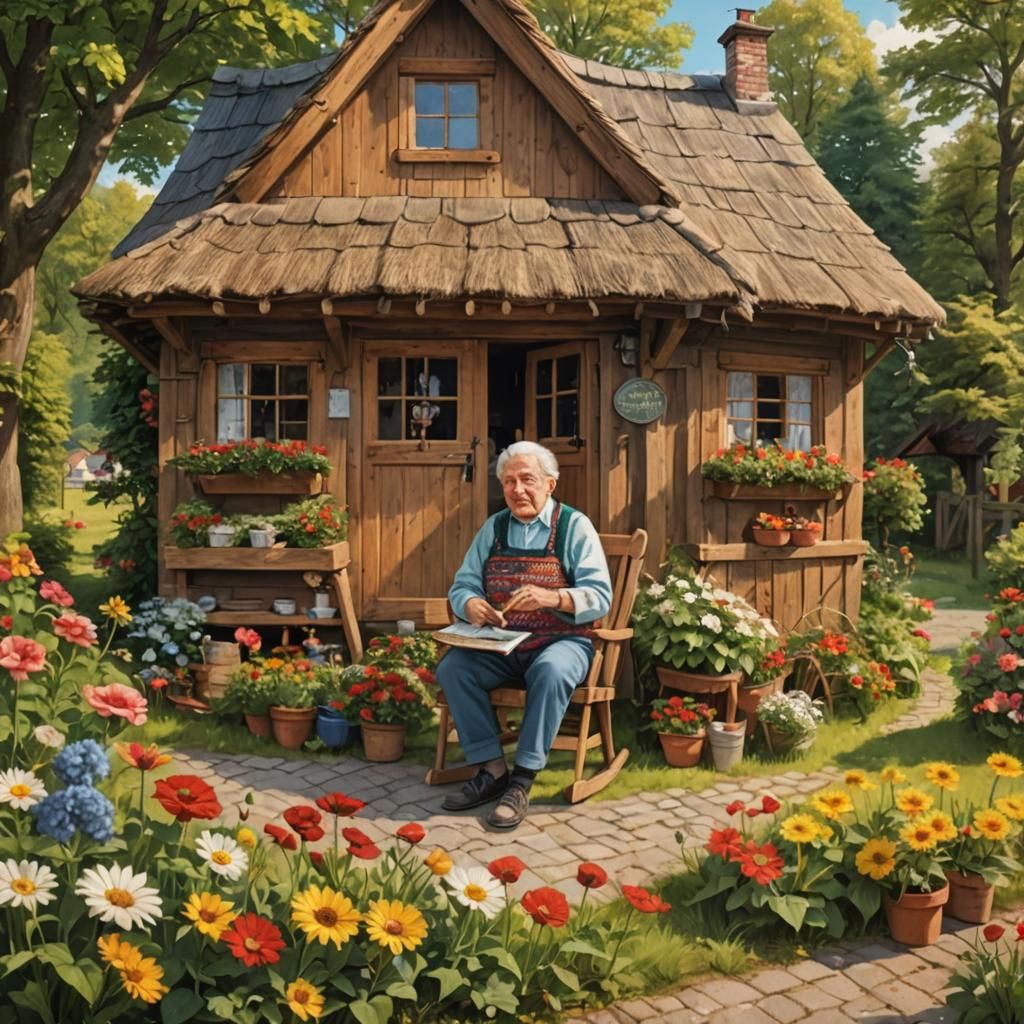 Grandmother Knits Sweater Surrounded by Peacocks