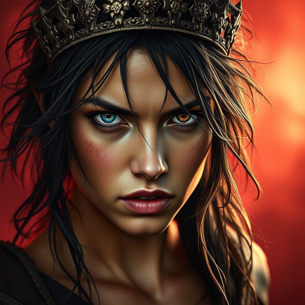 Warrior Woman Portrait with Bi-Colored Eyes in Chiaroscuro