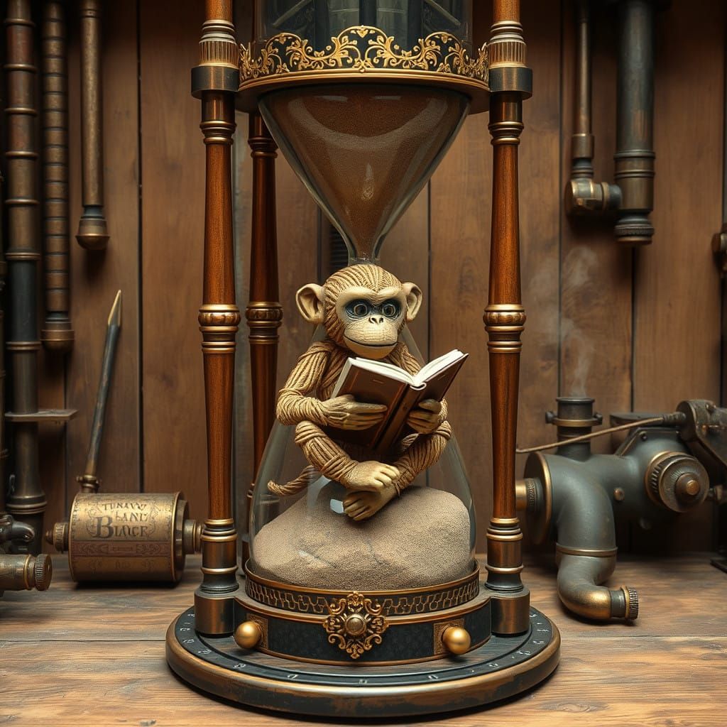 Steampunk Sand Hourglass with Reading Monkey