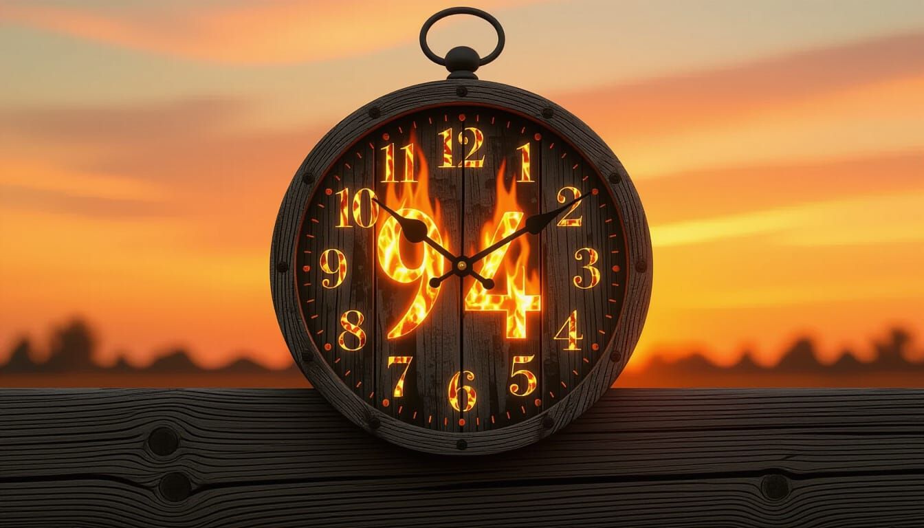 Rustic Clock with Burning Numbers at Sunset