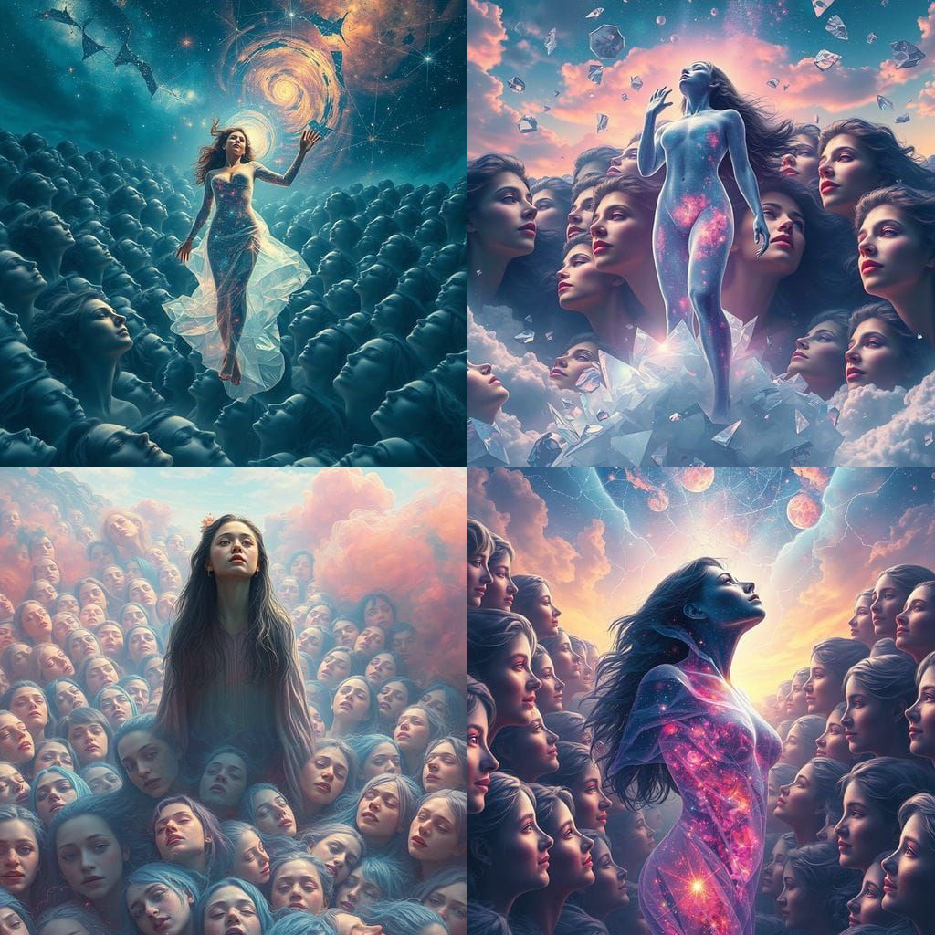 Surreal Sea of Faces with Galaxy Figure