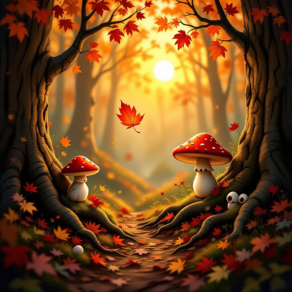 Magical Autumn Forest with Tiny Creatures and Glowing Mushro...