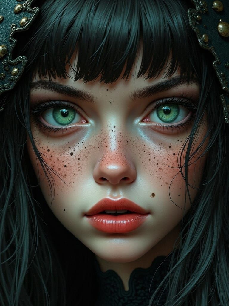 Enchanting Dark Fantasy Beauty with Wide Green Eyes