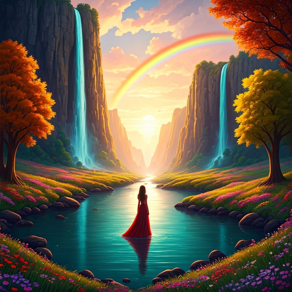 Woman in Red Dress by Glowing River at Sunset