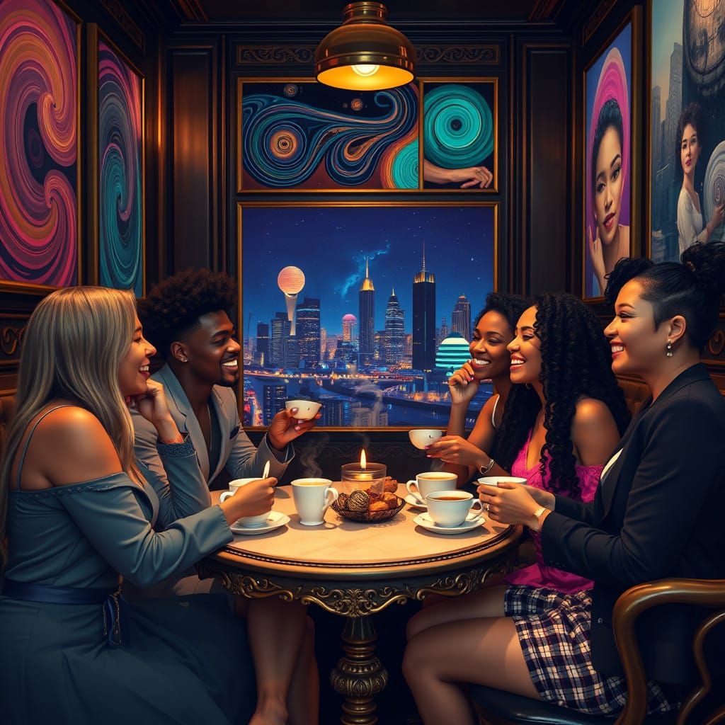 Surreal Cafe Gathering in Futuristic Artistic Style