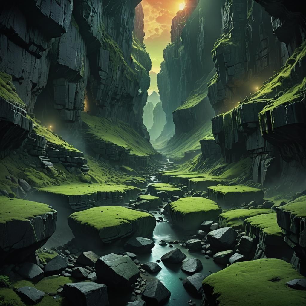 Twilight Lit Green Stones in High Cave Passage