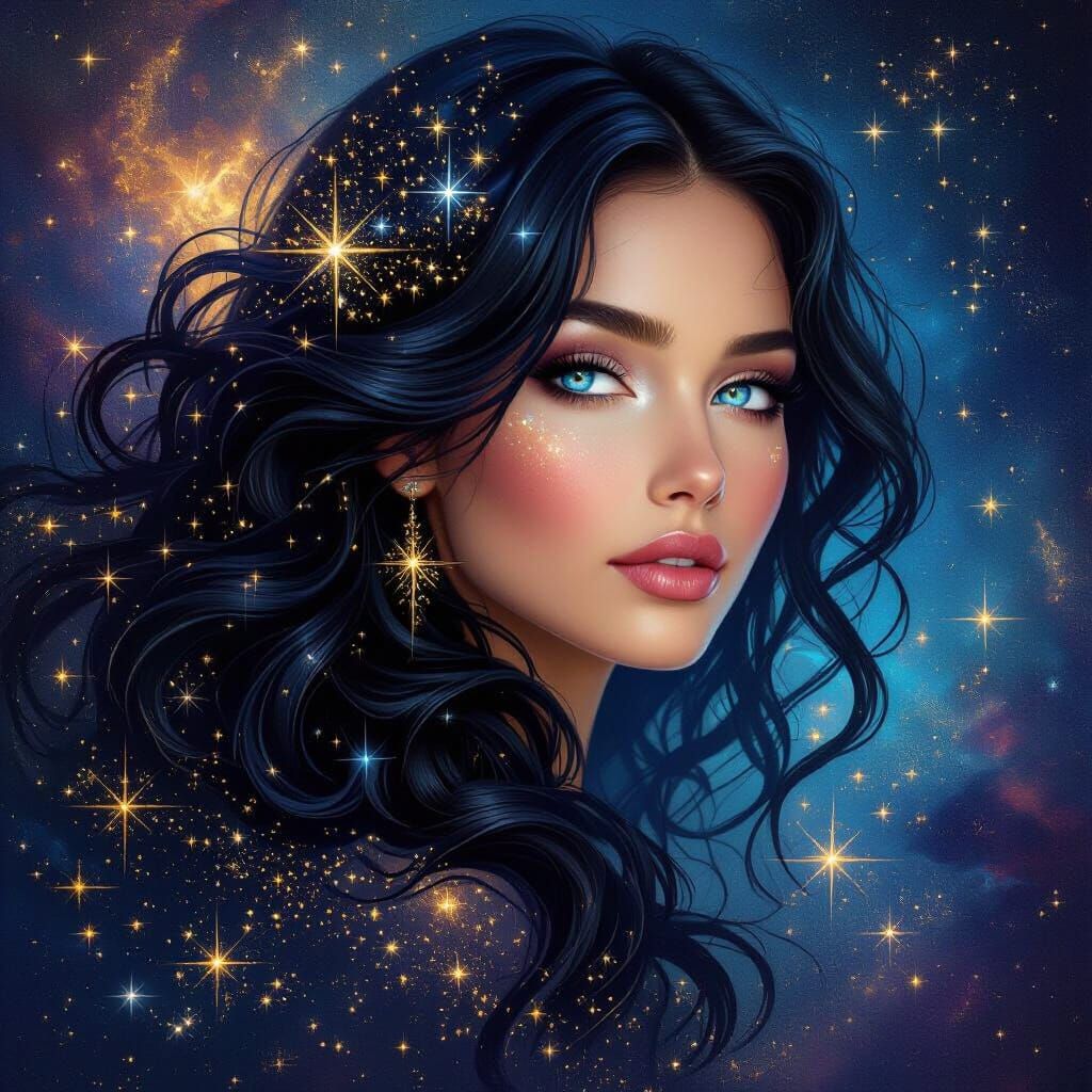 Gemini Woman Portrait with Cosmic Stars, Celestial Fantasy A...