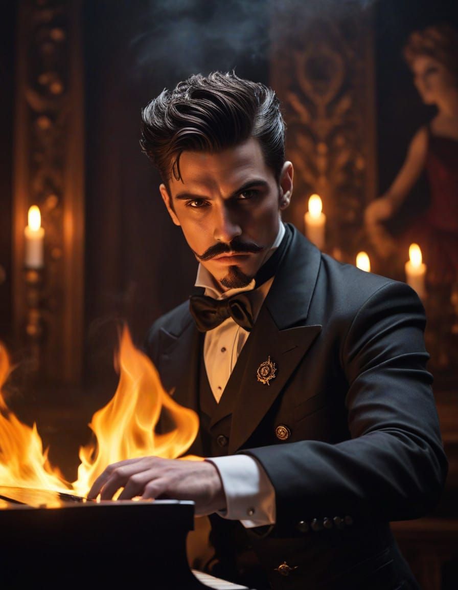 Steampunk Lucifer Plays Piano Amidst Flaming Opulence